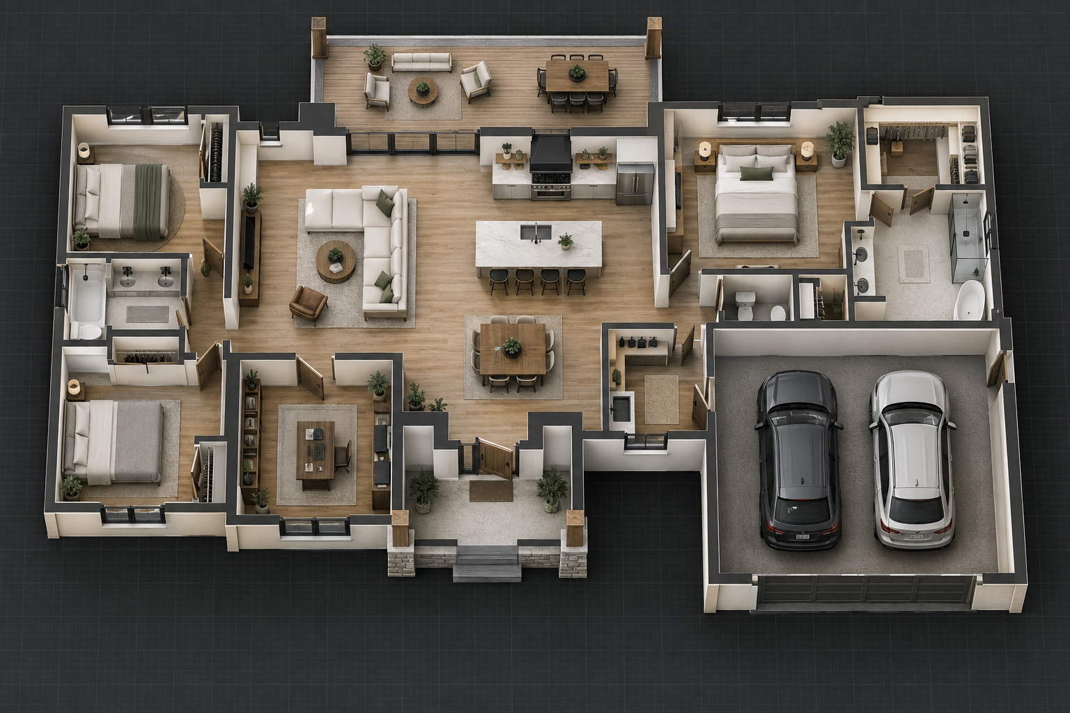 Conceptual top-down rendering of a one-story custom home floor plan