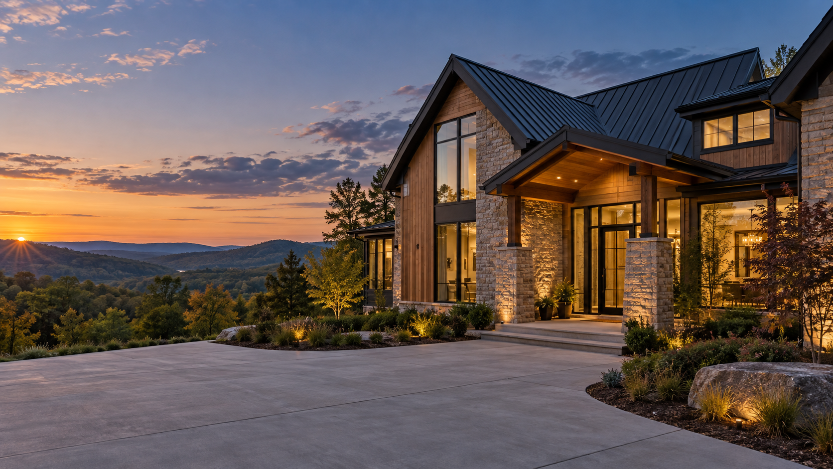 Concept rendering of a contemporary East Tennessee custom home at sunset
