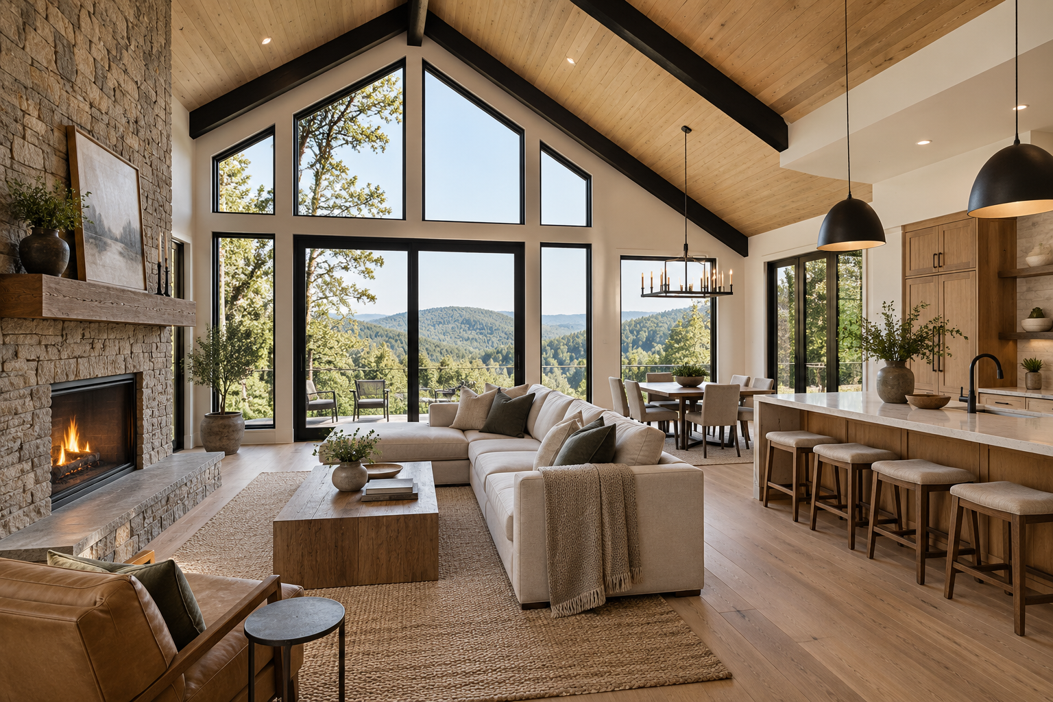 Concept visualization of a warm modern craftsman great room and kitchen